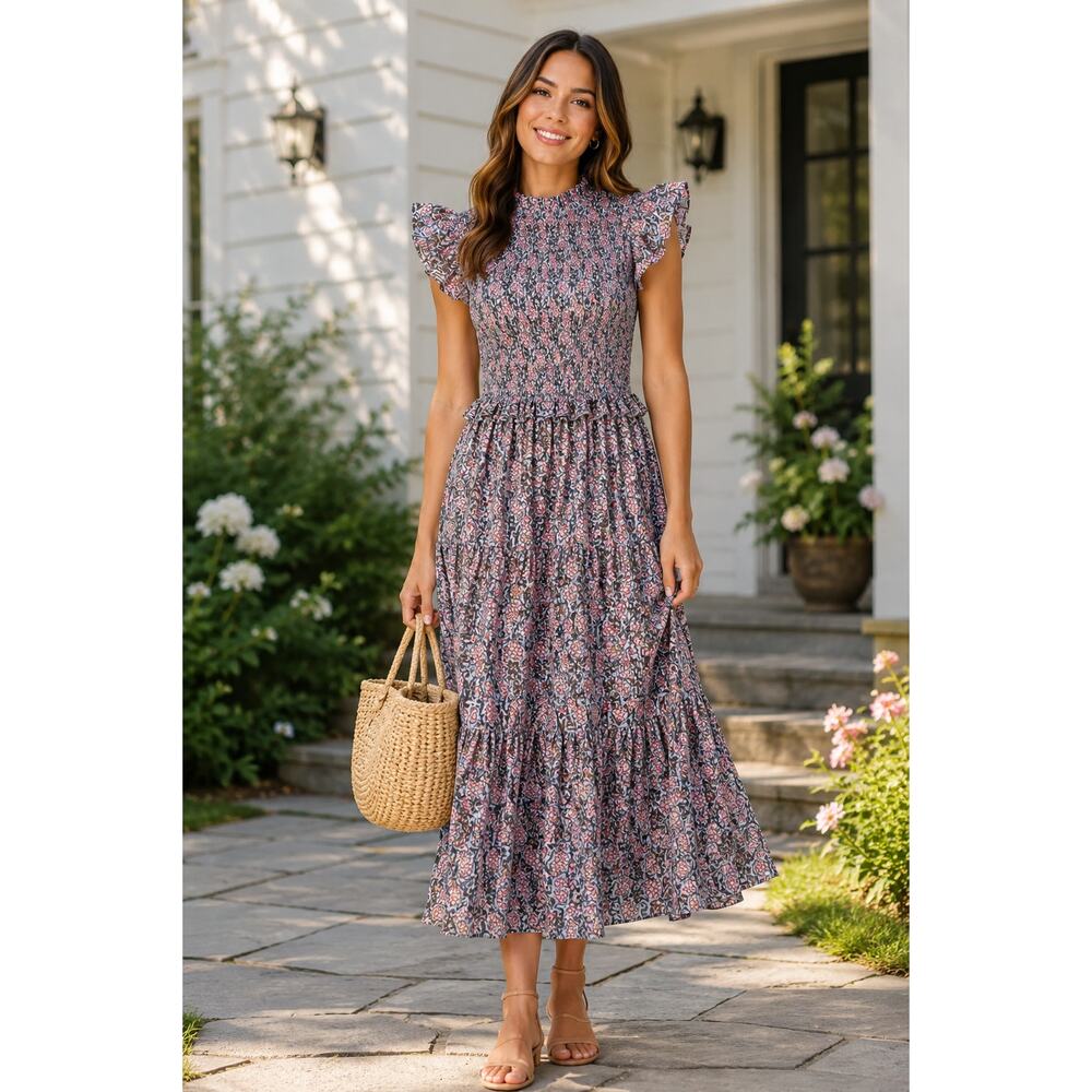 NWT PERRY WALKER Floral Smocked Tiered Midi Dress Ruffle Cottagecore Size 2